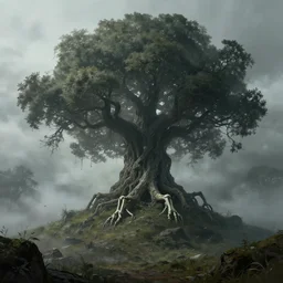 evil ancient tree with skeleton in base, on a hill, a detailed matte painting, fantasy, foggy