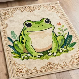 detailed ornamental rug depicting a happy frog sitting in its natural environment