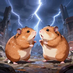 two massive hamsters fighting in an apocalyptic lightning landscape, fantasy, anime, digital art, post-processing