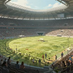 a farm inside of a stadium, Simon Stalenhag, Wadim Kashin, solarpunk, utopian socialism, detailed, 4K, cinematic