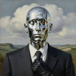 portrait of a faceless reflective chrome - head man in a suit and black gloves, clouds and nature landscape in the background, by rene magritte, detailed painting, distance, centered, hd, hq, high resolution, high detail, 4 k, 8 k