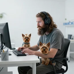 homeless man with long beard and long hair sitting at his computer in a white room asylum, headphones on head, yorkshire terrier sitting beside him, au naturel, hyper detailed, digital art, trending in artstation, cinematic lighting, studio quality, smooth render, unreal engine 5 rendered, octane rendered, art style by klimt and nixeu and ian sprigger and wlop and krenz cushart.