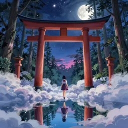 touhou walking in a cloud pond forest, giant torii gate, dreamscape, cinematic, shooting stars, mirror reflection, midnight, moon, vibrant colors, anime illustration, award winning, by makoto shinkai, pixiv fanbox