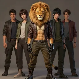 beautiful portrait of a female anthropomorphic lion fursona wearing a open leather jacket. leather gloves. leather boots. cargo pants. pocket chain. character design by charlie bowater, ross tran, artgerm, and makoto shinkai, detailed, soft lighting, rendered in octane