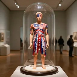 a perfect photograph of a museum exhibit, a glass belljar enclosing a man who has had all his skin cut into patriotic ribbons
