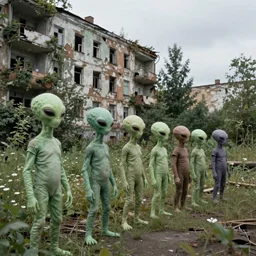 a festival with aliens in the line - up. the festival takes place in an old abandoned soviet city that is overgrown, in the style of simon stalenhag