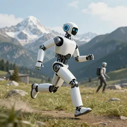 a robot running in the mountains, 4 k