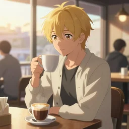 photorealistic Asriel Dreemurr with coffee at a morning cafe, Asriel Dreemurr, sunrise, Asriel Dreemurr, anime key visual, Asriel Dreemurr, digital art, Asriel Dreemurr, anime screenshot, kyoto animation, makoto shinkai, trending on artstation