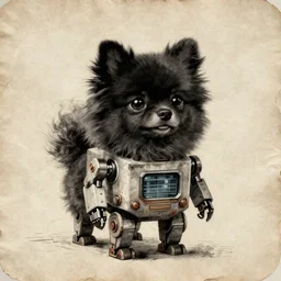 a cute retro black pomeranian robot!!!!!! ( ( ( alcohol ink on parchment, muted colors, shading!!!, detailed, textured parchment background, 1 9 5 0 s concept art ) ) )
