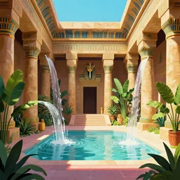 interior of a ancient egyptian palace with plants and waterfalls, retrowave art, trending on art station