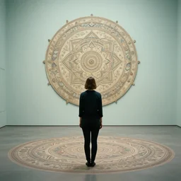 a woman in a building, mandala, hyperrealistic film still by edward hopper, by gottfried helnwein, by klimt, by paolo uccello, art nouveau, highly detailed, strong lights, liminal, eerie, symbolist, bright pastel colors