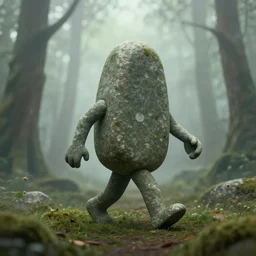 Stone with arms and legs walking in a forest. Foggy. Digital art.