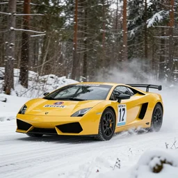a 2 0 0 7 lamborghini gallardo superleggera, racing through a rally stage in a snowy forest