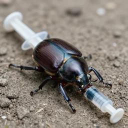 a hyper realistic dung beetle pushing a syringe on the ground, close up detail,