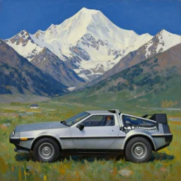 delorean in front of altai mountains, painting by nicholas roerich