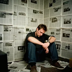 dslr photo still of alex jones sitting depressed in a room filled to the ceiling with newspapers, 5 2 mm f 5. 6
