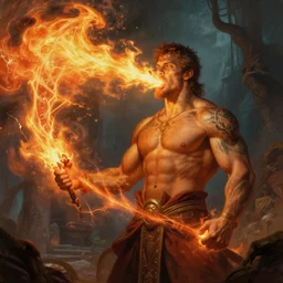 handsome tattooed gym bro cleric fire - breath magic spell vfx, diagonal spell vfx, fantasy game spell, fantasy epic painting by greg rutkowski, gaston bussiere, craig mullins, j. c. leyendecker, tom of finland