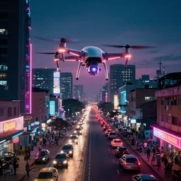 3 d vfx art of flying drones above - a neon lit - bustling lagos urban street - in nigeria, cinestill 8 0 0 t photograph, illustration in the style by philippe bouchet, unreal engine render