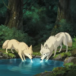 wolf, forest, drinking water from an illuminated pool, hayao miyazaki, masashi ando, nizou yamamoto, kazuo oga, joe hisaishi, yoji takeshige, naoya tanaka