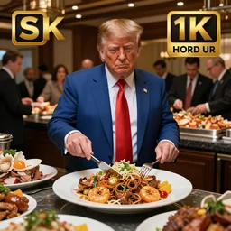 donald trump as the main dish on the buffet for 1 0 0 people, photo, realistic, photorealistic, detailed, high quality, high resolution, 8 k, hdr, 8 k resolution, 8 k quality