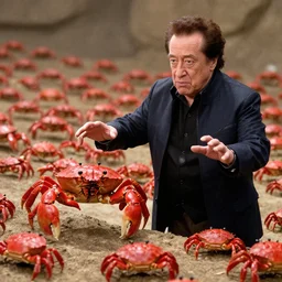 Danny Devito fighting an army of small red crabs