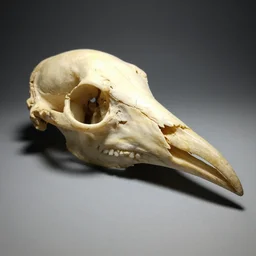 fossilized bird head long beak birdfossil, birdskull portrait, studio lighting, museum exhibit, 3 5 mm