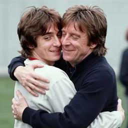 a young john lennon hugging an older paul mccartney, color photo, sweet moment,