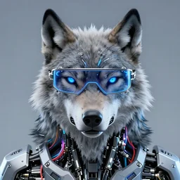 portrait of cybernetic wolf with cyberpunk glasses, mechanical parts, neon wires, closeup portrait, editorial photography, award winning, establishing shot, dark mood, dark sci fi