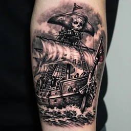 a pirate ship, realism tattoo design, highly detailed tattoo, shaded tattoo, hyper realistic tattoo