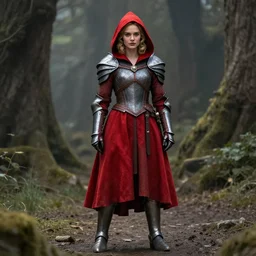 full body photo red riding hood christina hendricks armoured warrior, highly detailed, 4k, HDR, award-winning photo