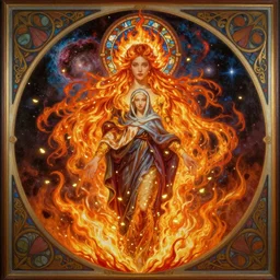 ultra realist breathtaking detailed soft painting of a beautiful fire bride, a cosmic nebulae behind her, long fire hair and dress of fireflies, symmetrical facial features, christian saint in the middle of a stained glass of flames, fine intricate art nouveau frame, by Tom Bagshaw, wlop, Alfons Mucha, trending on artstation