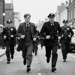 a scene from peaky blinders, medium long shot, 3 / 4 shot, full body picture of cillian murphy and tom hardy running away from the police, sharp eyes, serious expressions, detailed and symmetric faces, black and white, epic photo by talented photographer ansel adams