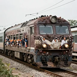 photograph of a train completely covered in humans