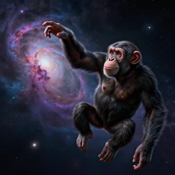 a chimpanzee floating through outer space reaching out and touching nebula with it's finger, digital art, concept art, DeviantArt, art station illustration highly detailed artwork cinematic hyper realistic