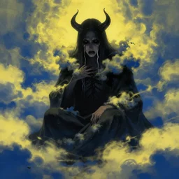 crying king of darkness, covered in yellow and blue clouds, evil, scary, by kim keever