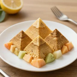 beautiful photo of the pyramids made of fruit pieces on a white plate, dslr