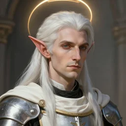 closeup portrait of a beautiful calm and pious male aasimar cleric with white hair a halo above his head wearing white vestments under armor, by Raymond Swanland Greg Rutkowski Lise Deharm, intricate, masterpiece, sharp, digital art, full head, ArtStation, CGStation, 8k