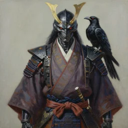 portrait of a mech kenku raven in japanese samurai robes. oil on canvas by lead character artist takayuki satou
