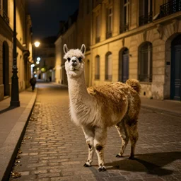 a lama in the street of bordeaux at night, photography