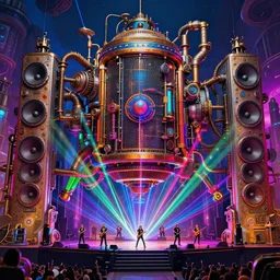 tripmachine, center of the stage is a big futuristic steampunk generators surrounded by steampunk machinery with huge loudspeakers, rock musicians on the stage, laser show, 8 k, fluorescent colors, halluzinogenic, multicolored, exaggerated detailed, unreal engine