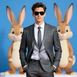 a picture of the most attractive man on the planet wearing a suit, hands in his pockets, sunglasses, roger rabbit in the background