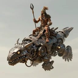 an concept art illustration, bushman tribal man riding on a large floating mechanical biome, fantasy, style by wlop, trending in artstation, cgsociety, octane render, ultra sharp, unreal engine, 8 k