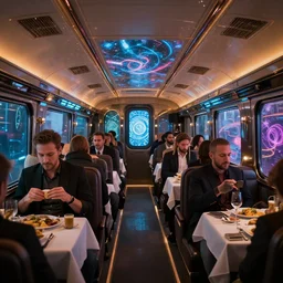 i bet there's rich folks eating in a fancy dining car, global lighting, digital art, artstation