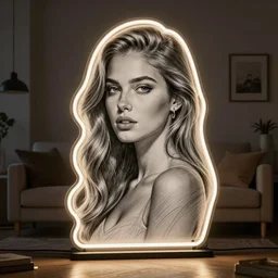 a large neon lamp shaped as a woman placed in a living room, designer pencil 3d sketch, HD resolution