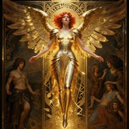 ascending dark full body redhead goddess angel,  intricate armor, highly detailed, glowing, action pose, cinematic, Art Deco, gold filigree, ethereal, alfonso mucha, zdzisław beksiński, Andrei ryabovichev, Shaun tan, Chriss foss, Peter mohrbacher, 8k