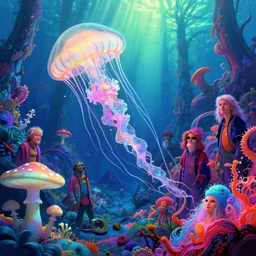 mystical jellyfish and shimmering mushroom, volcano valley, bright neon colors, highly detailed, cinematic, tim white, michael whelan, roger dean, bob eggleton, philippe druillet, vladimir kush, kubrick, haeckel, alfred kelsner