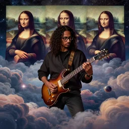 a young black man with long curly hair wearing glasses playing electric guitar, on cosmic cloudscape, italian futurism, Dan Mumford, da vinci, Josan Gonzalez