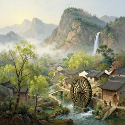 a gorgeous landscape painting by barlowe wayne maxfield parrish and marco mazzoni. trees has just sprouted. early morning. tyndall effec!! light effect. chinese village. china waterwheel. the winding steps, waterfall from the mountain. ultra clear detailed. highly detailed, 3 d, octane render.