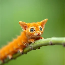 orange cat caterpillar on a green branch, big eyes, big head, long body, side view, kodak photo, muted colors, depth of field