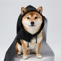 ultra realistic Photogragraph from a Shib Inu wear a black hoodie